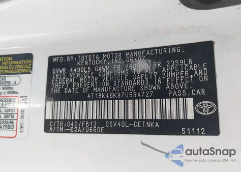 2007 Toyota Camry Le V6 from USA, damaged, VIN 4T1BK46K87U554727